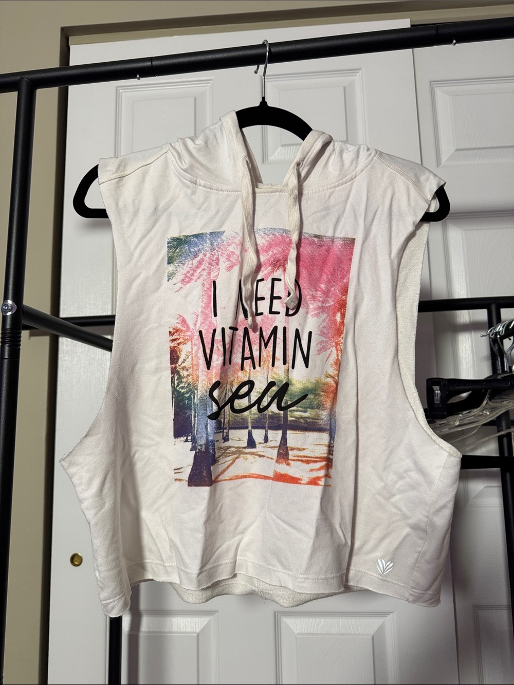 Forever 21 White Hooded Sleeveless Tank with Colorful Beach Graphic